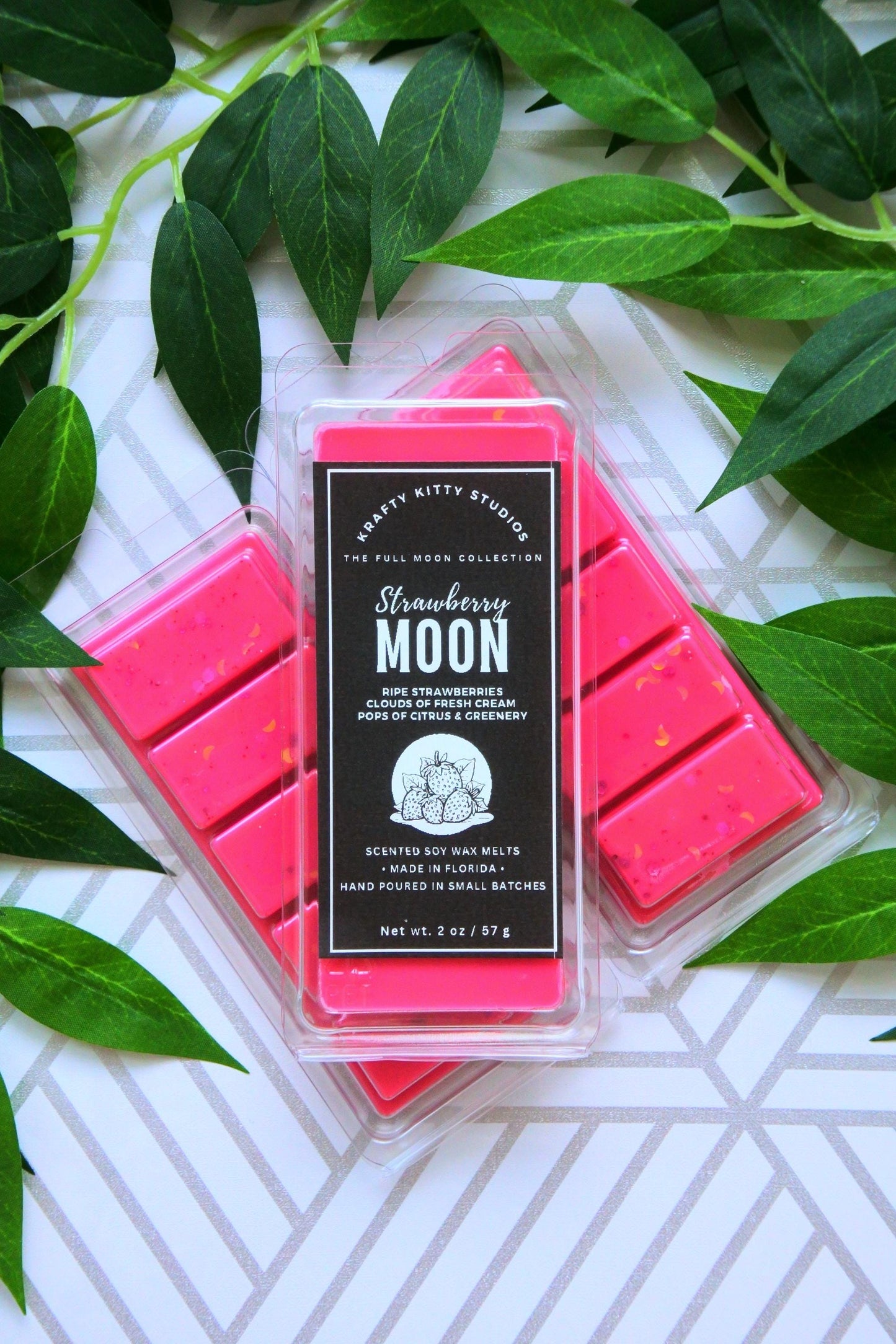 Strawberry Moon | Ripe Strawberries, Clouds of Fresh Cream, Pops of Citrus & Greenery | Natural Soy Wax Melt Snap Bar | Full Moon Collection