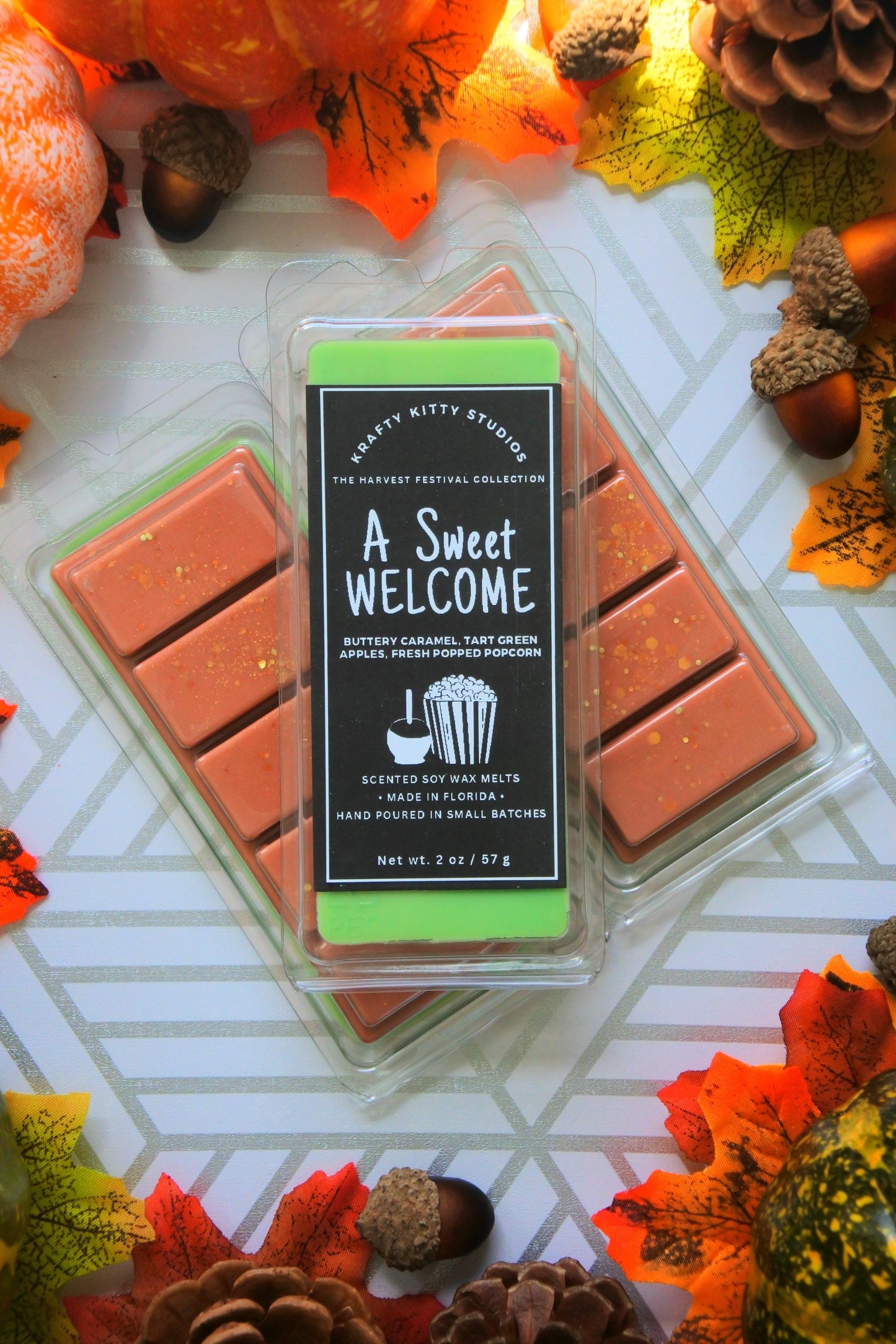A Sweet Welcome | Buttery Caramel, Tart Green Apples, Fresh Popped Popcorn | Natural Soy Wax Melt Snap Bar | Harvest Festival Collection