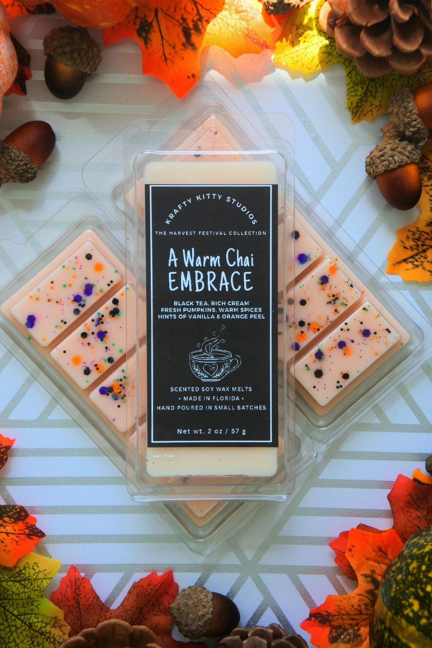 A Warm Chai Embrace | Black Tea, Rich Cream, Fresh Pumpkins, Warm Spices, Vanilla & Orange Peel | Soy Wax Melt Snap Bar | Harvest Festival