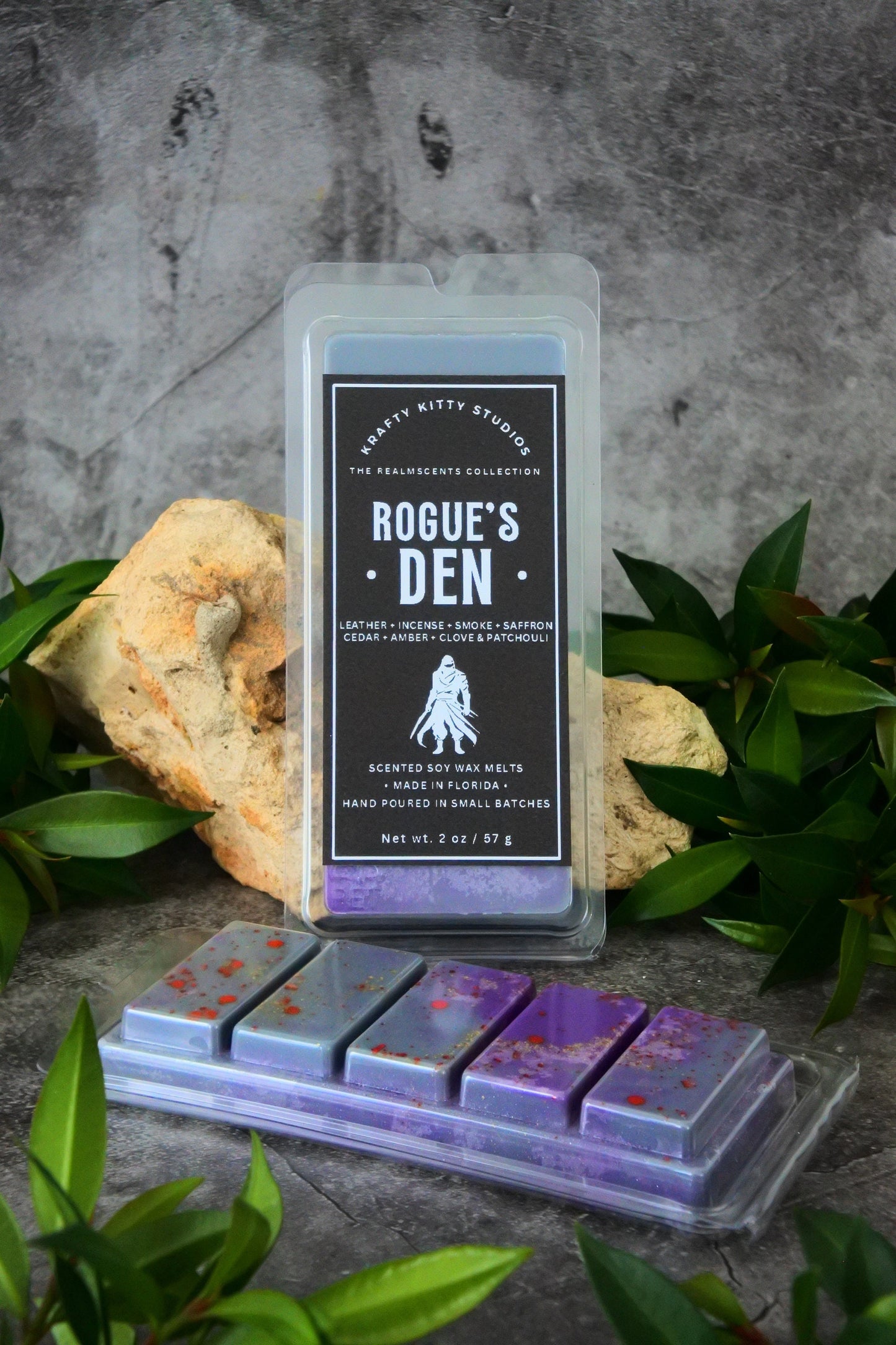 Rogue’s Den | Leather, Incense, Smoke, Cedar, Saffron, Amber + Hints of Clove and Patchouli | Natural Soy Wax Melt Snap Bar | Realmscents