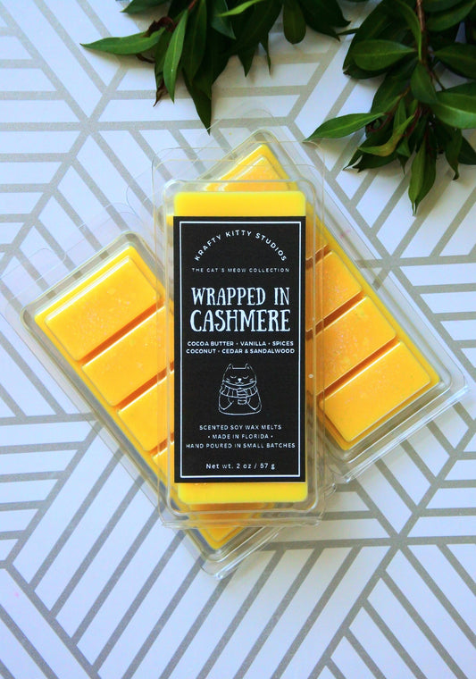 Wrapped In Cashmere | Cocoa Butter, Vanilla, Spice, Coconut, Cedar & Sandalwood | Soy Wax Melt Snap Bar | Cat's Meow Collection