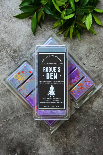 Rogue’s Den | Leather, Incense, Smoke, Cedar, Saffron, Amber + Hints of Clove and Patchouli | Natural Soy Wax Melt Snap Bar | Realmscents