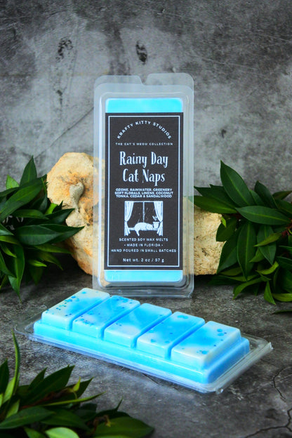 Rainy Day Cat Naps | Ozone, Rainwater, Greenery, Florals, Linens, Coconut Tonka, Cedar & Sandalwood | Soy Wax Melt Snap Bar | Cat’s Meow