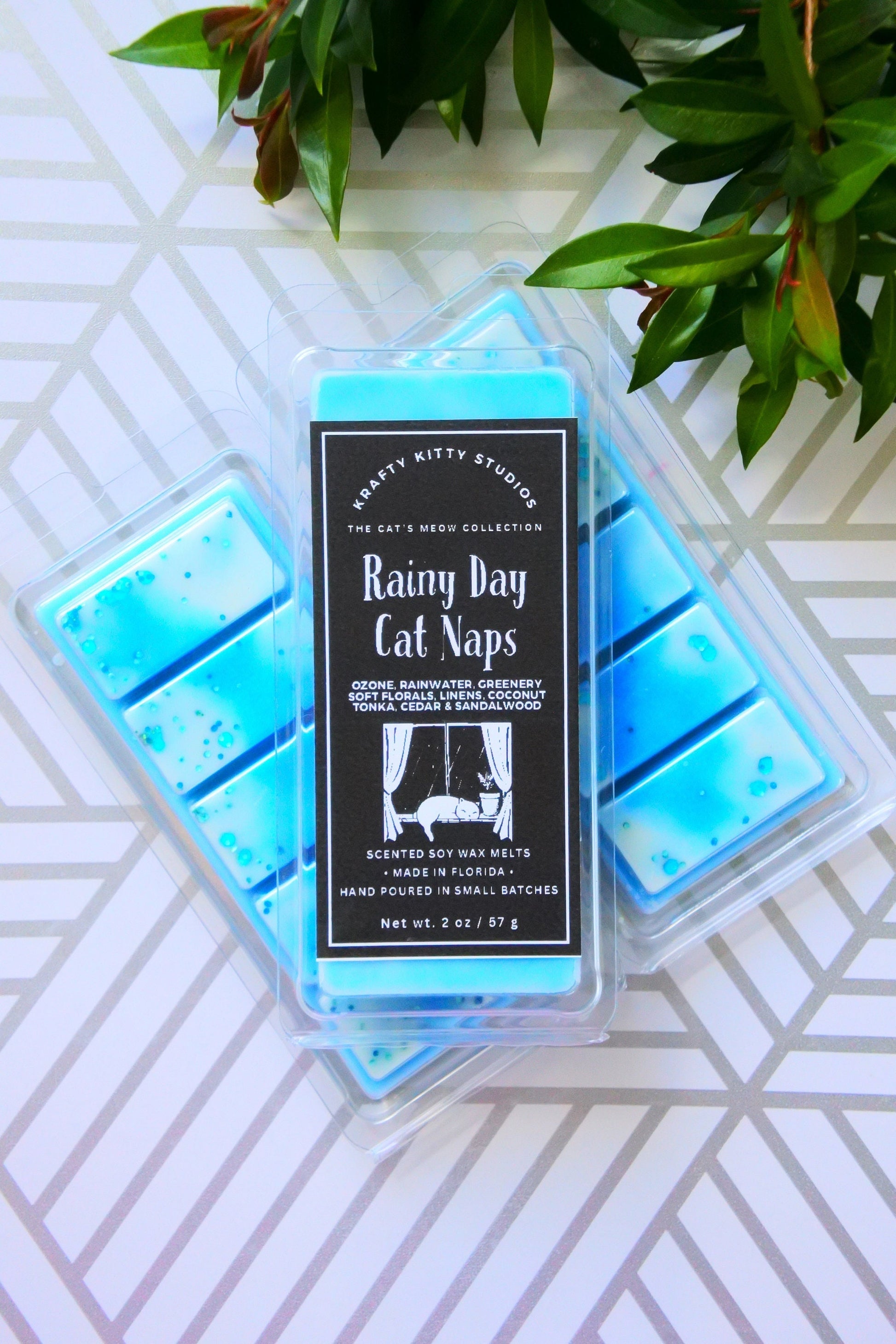 Rainy Day Cat Naps | Ozone, Rainwater, Greenery, Florals, Linens, Coconut Tonka, Cedar & Sandalwood | Soy Wax Melt Snap Bar | Cat’s Meow