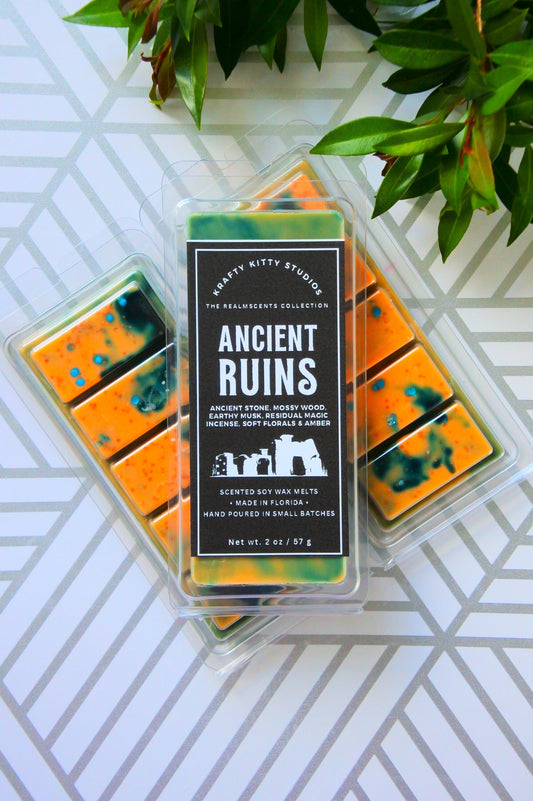 Ancient Ruins | Stone, Mossy Wood, Earthy Musk, Hint of Incense, Floral, Amber & Residual Magic |Natural Soy Wax Melt Snap Bar | Realmscents