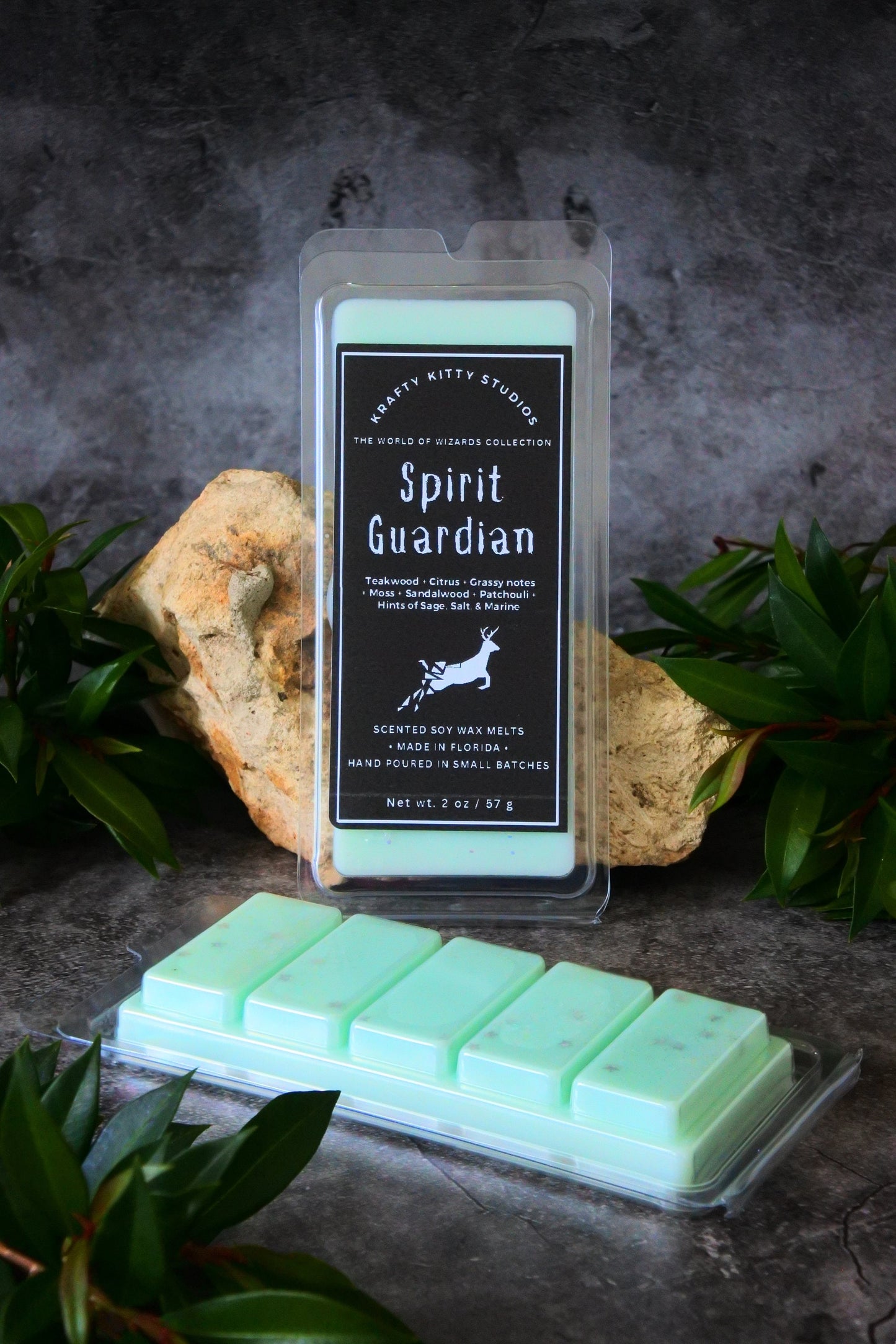 Spirit Guardian | Teakwood, Citrus, Mossy Grass, Sandalwood, Patchouli, Sage, Marine | Glow in the Dark Wax Melt Snap Bar | World of Wizards