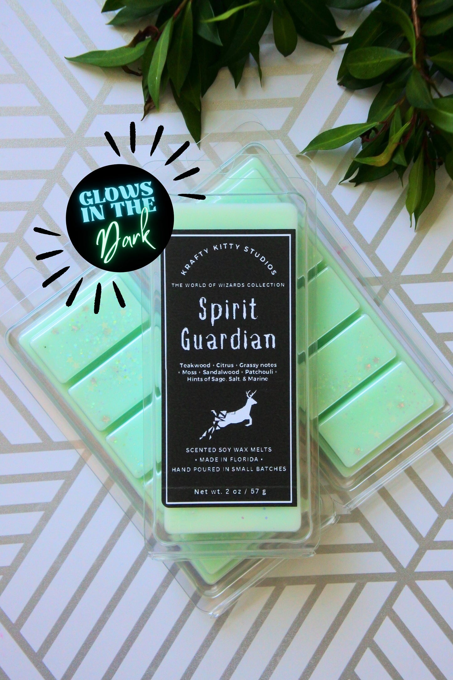 Spirit Guardian | Teakwood, Citrus, Mossy Grass, Sandalwood, Patchouli, Sage, Marine | Glow in the Dark Wax Melt Snap Bar | World of Wizards