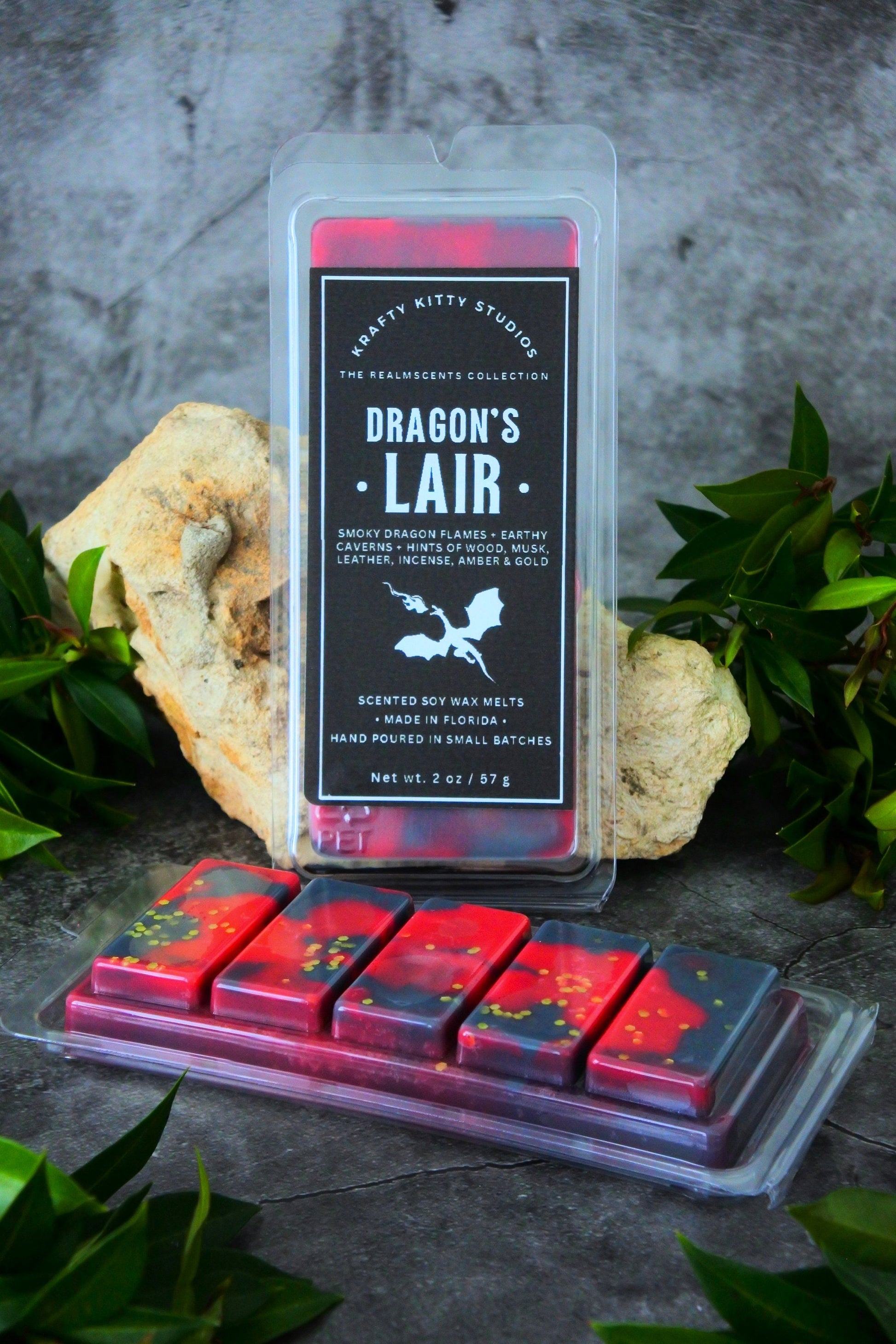 Dragon’s Lair | Smoky Flames, Earthy Cavern, Hints of Wood, Musk, Leather, Incense, Amber & Gold | Natural Wax Melt Snap Bar | Realmscents