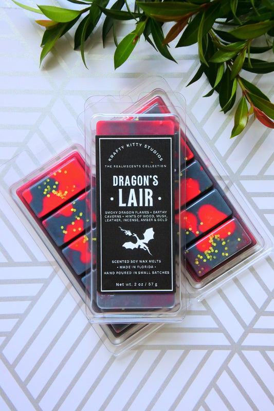 Dragon’s Lair | Smoky Flames, Earthy Cavern, Hints of Wood, Musk, Leather, Incense, Amber & Gold | Natural Wax Melt Snap Bar | Realmscents