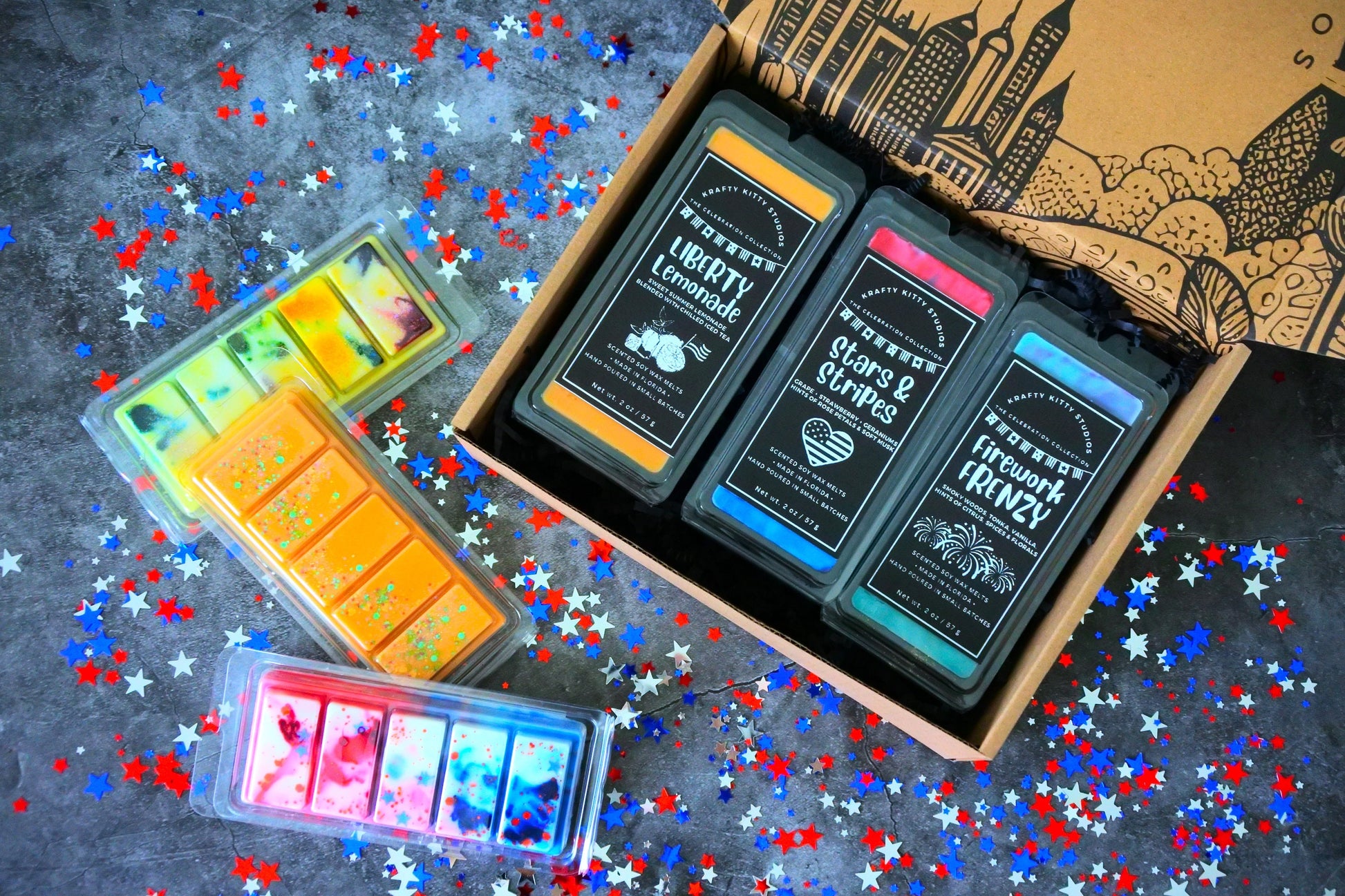 July 4th Boxed Set | Stars & Stripes, Liberty Lemonade and Firework Frenzy | Natural Soy Wax Melt Snap Bars | Celebration Collection