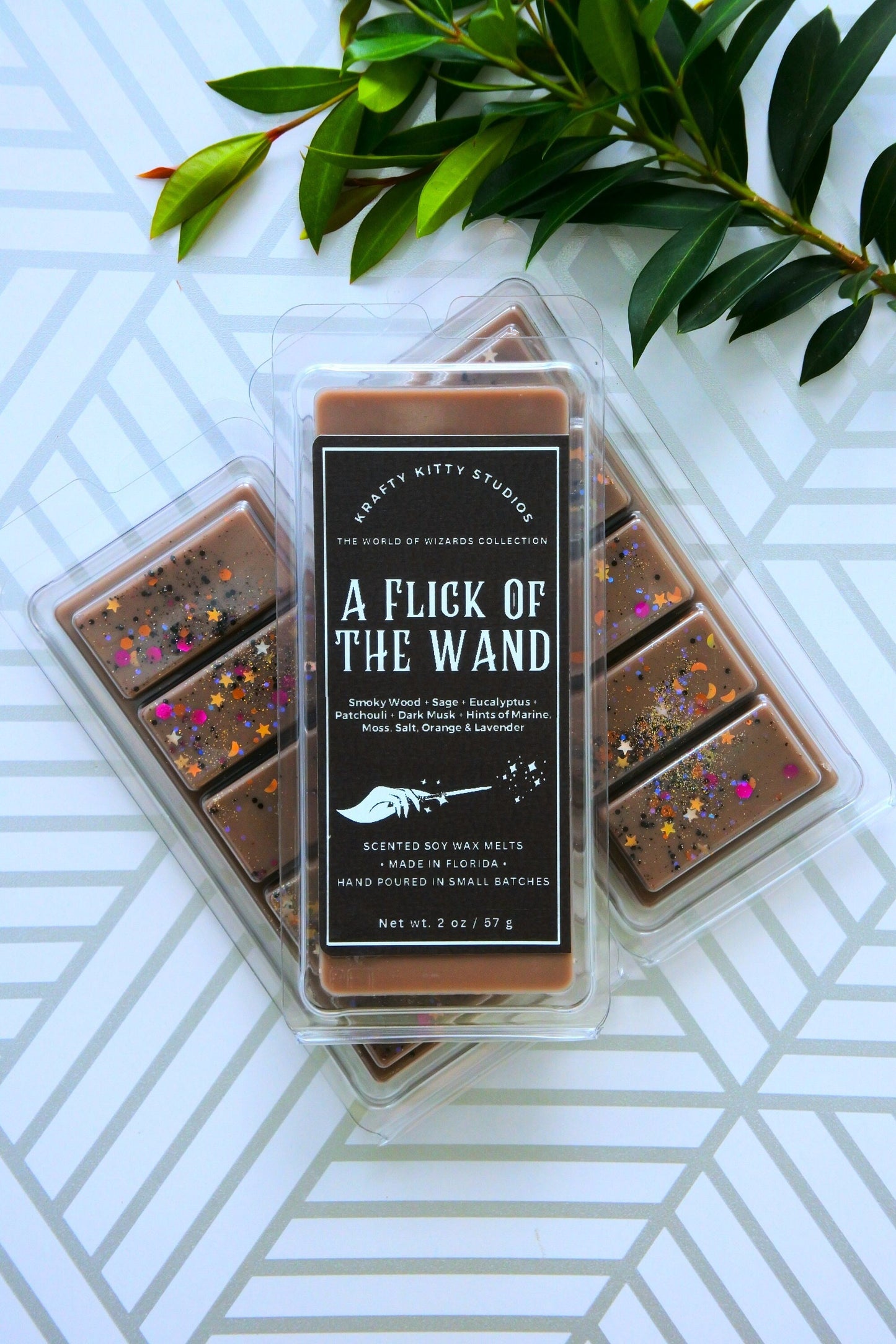 A Flick of the Wand | Smoky Wood, Sage, Eucalyptus, Patchouli, Dark Musk, Moss, Salt, Orange & Lavender | Wax Melt Bar | World of Wizards