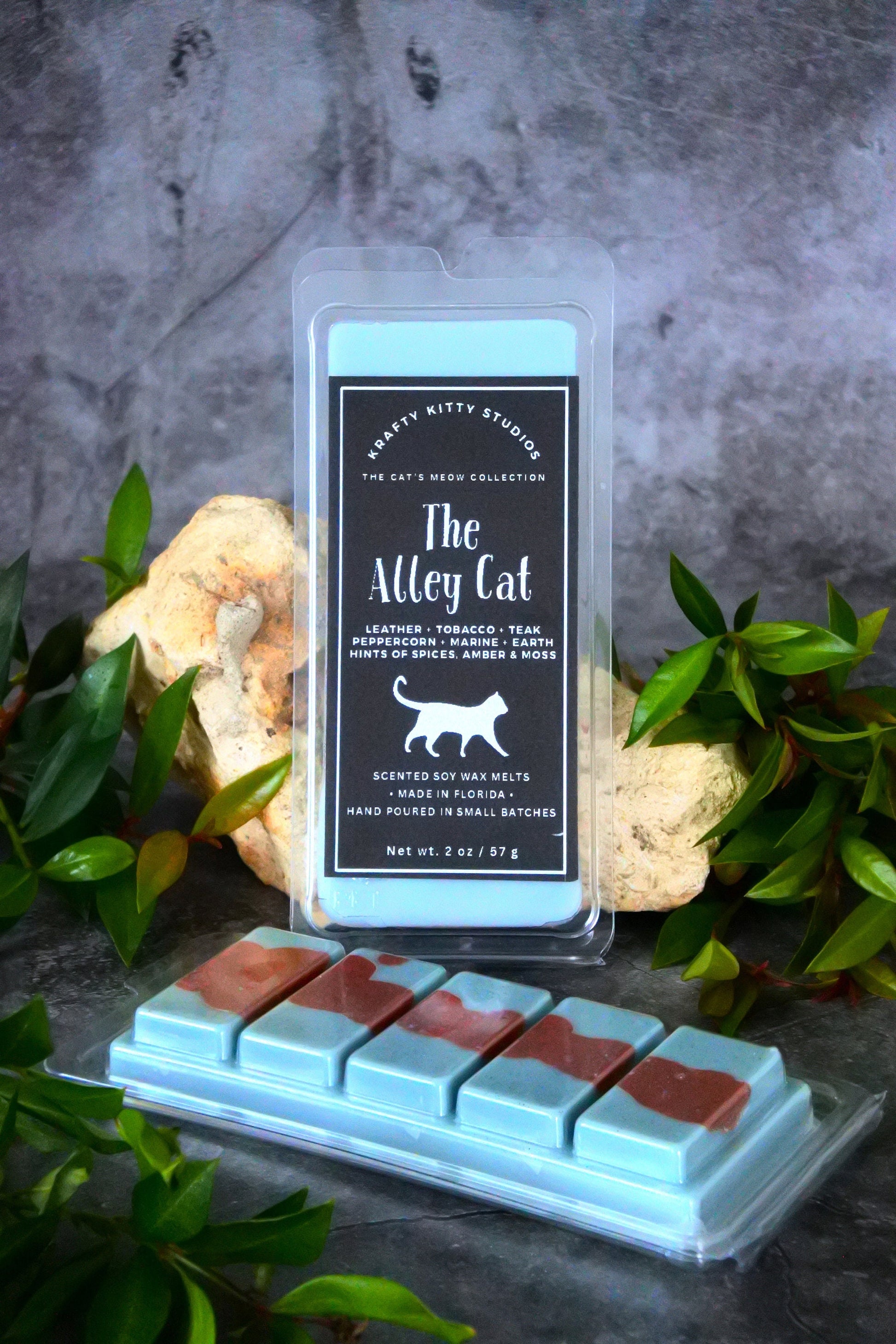 The Alley Cat | Leather, Tobacco, Teak, Peppercorn, Marine, Earth, Spices, Amber & Moss | Soy Wax Melt Snap Bar | Cat’s Meow Collection