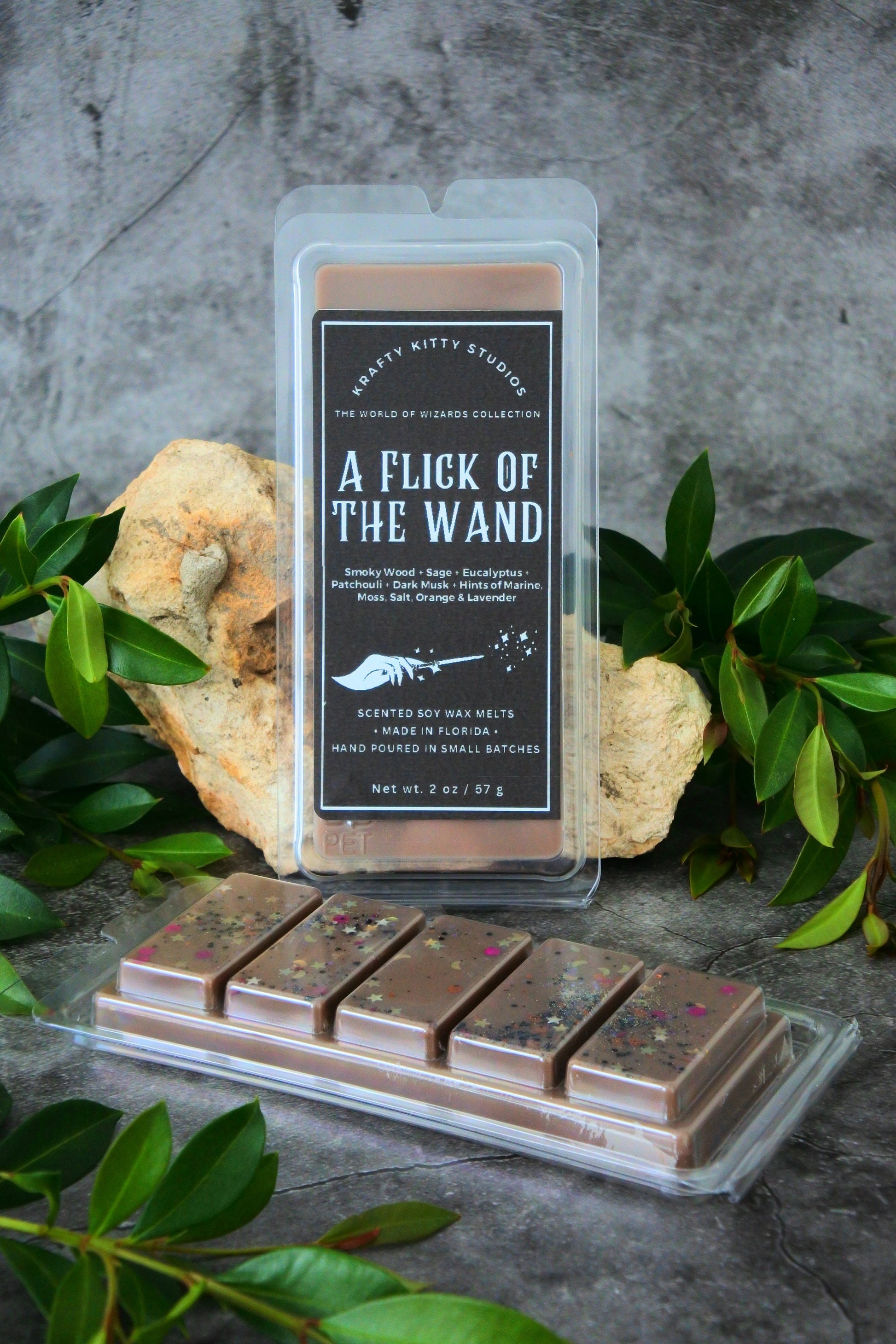 A Flick of the Wand | Smoky Wood, Sage, Eucalyptus, Patchouli, Dark Musk, Moss, Salt, Orange & Lavender | Wax Melt Bar | World of Wizards