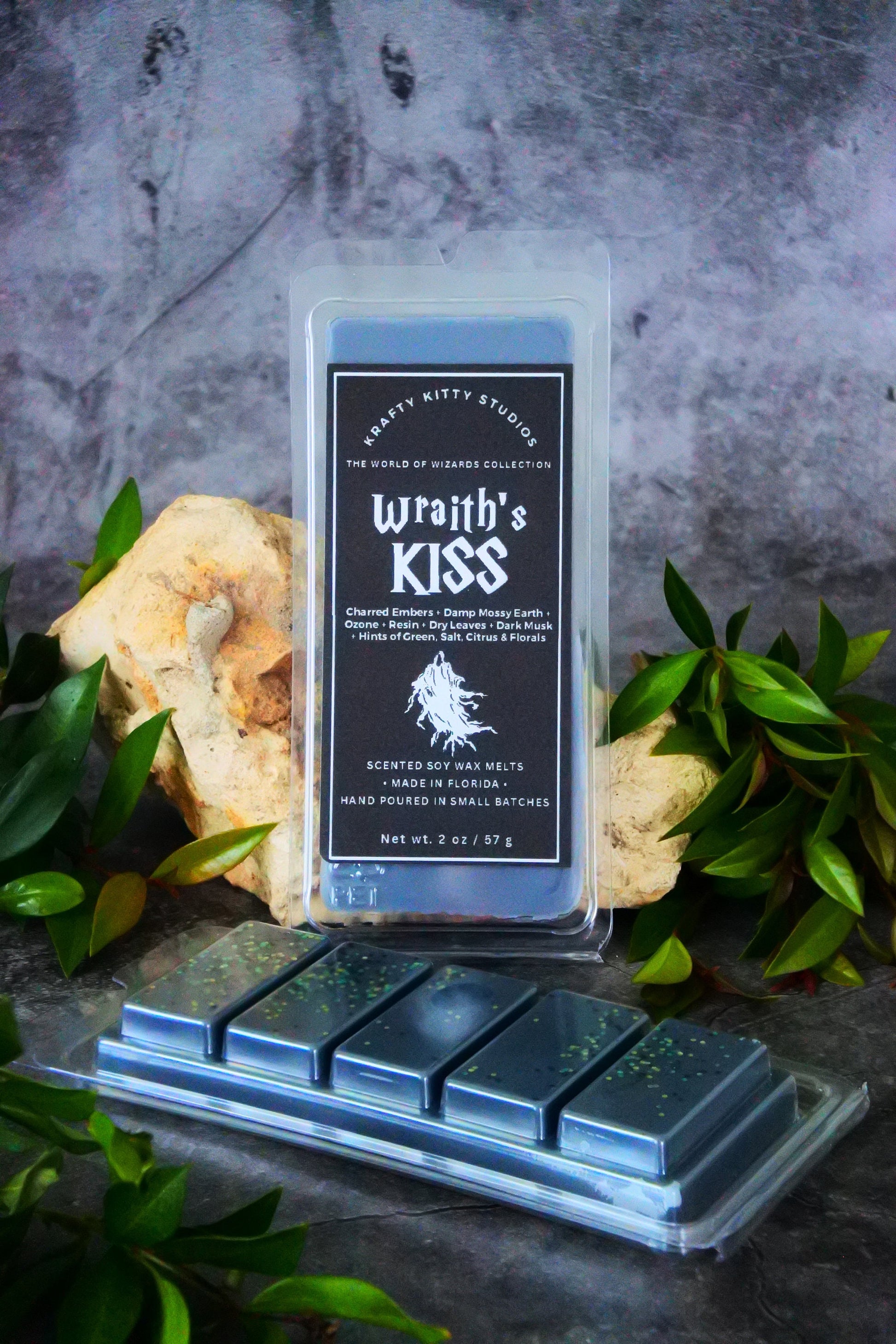 Wraith’s Kiss | Charred Embers, Wet Mossy Earth, Ozonic Resin, Dark Musk, Hint of Salt, Citrus & Floral | Wax Melt Bar | World of Wizards