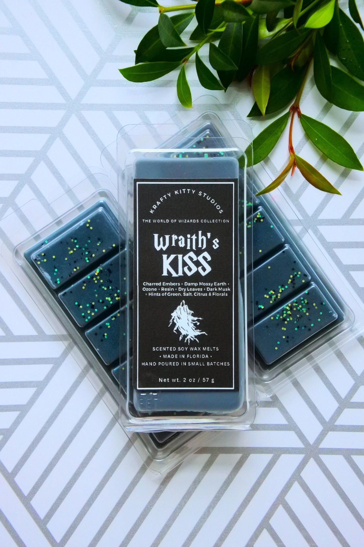 Wraith’s Kiss | Charred Embers, Wet Mossy Earth, Ozonic Resin, Dark Musk, Hint of Salt, Citrus & Floral | Wax Melt Bar | World of Wizards