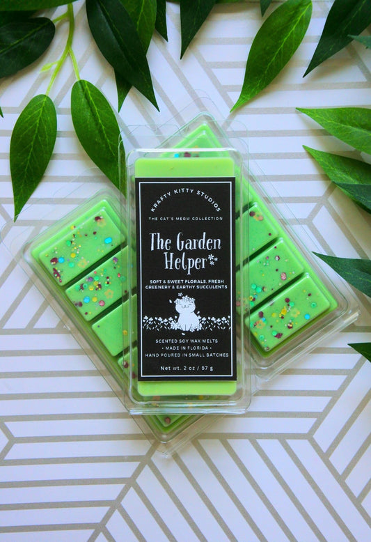 The Garden Helper | Soft & Sweet florals, Fresh Greenery and Earthy Succulents | Soy Wax Melt Snap Bar | Cat’s Meow Collection