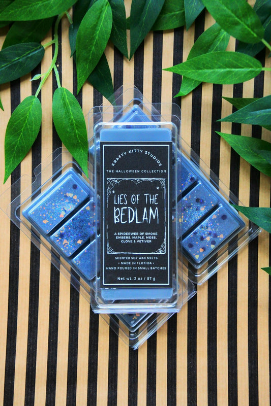 Lies of the Bedlam | A Spiderweb of Smoke, Embers, Maple, Moss, Clove & Vetiver | Natural Soy Wax Melt Snap Bar | Halloween Collection