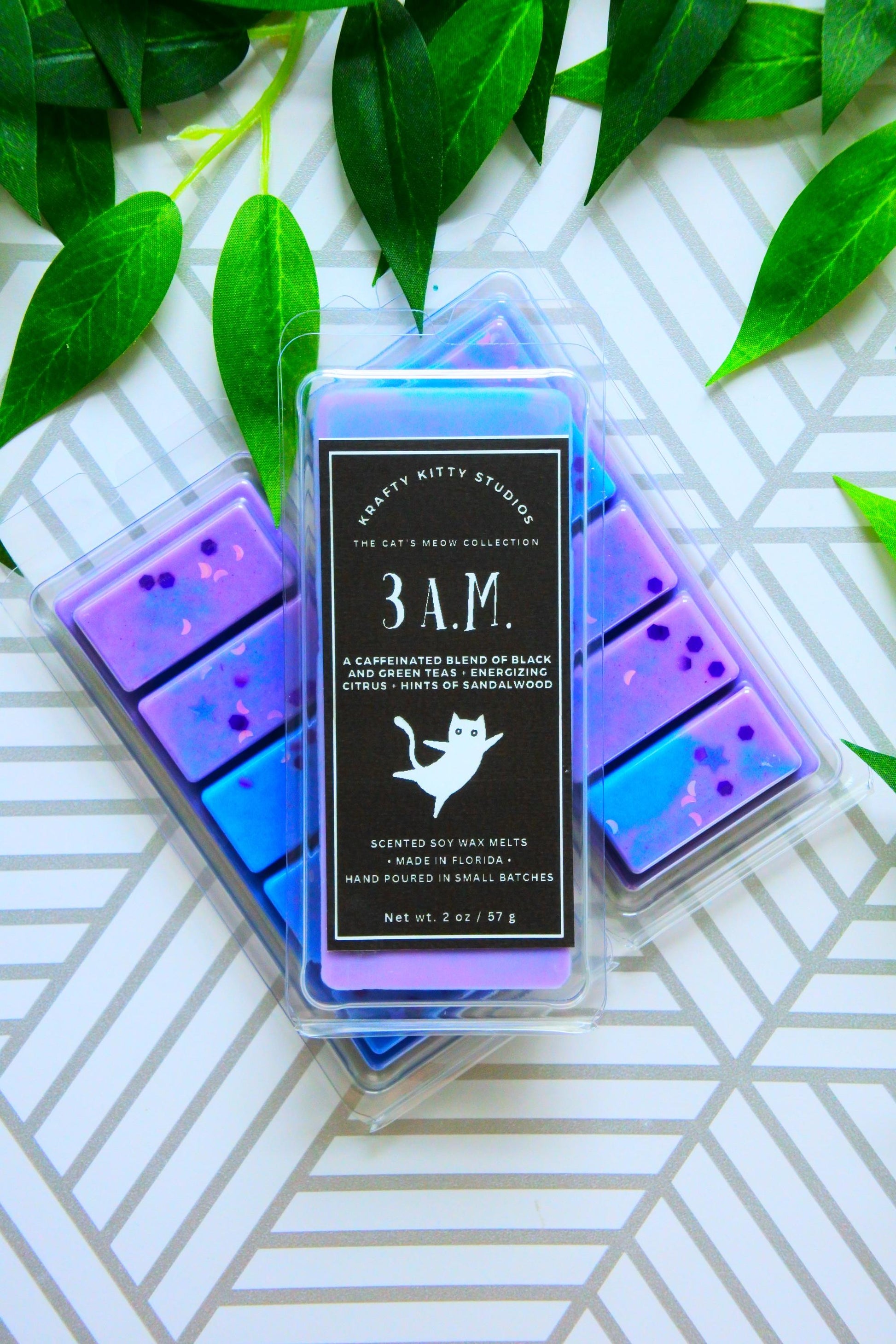 3 A.M. | Caffeinated Black and Green Teas + Energizing Citrus + Hints of Creamy Sandalwood | Soy Wax Melt Snap Bar | Cat’s Meow Collection