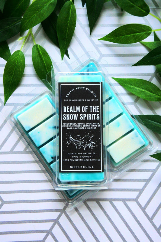 Realm of the Snow Spirits | Snowy Pine, Ozone, Eucalyptus, Juniper, Cypress, Cedar, Hint of Sage, Lavender & Incense | Soy Wax Melt Snap Bar