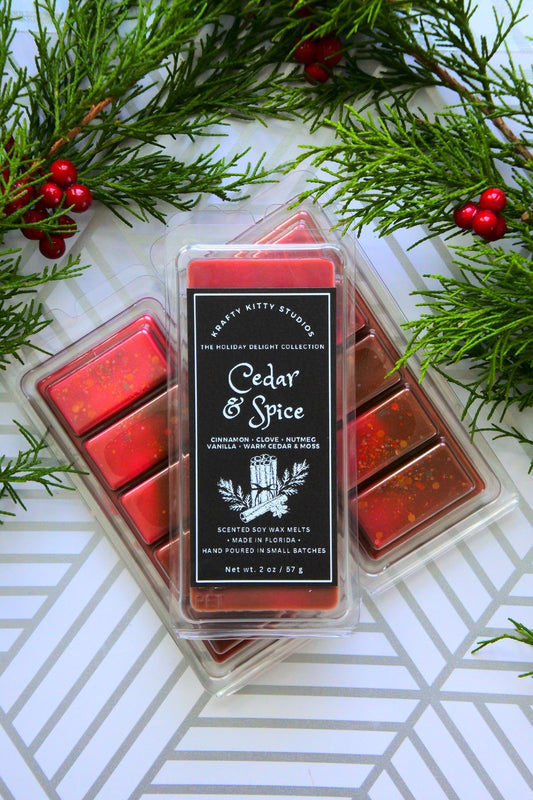 Cedar & Spice | Cinnamon, Clove, Nutmeg, Vanilla, Warm Cedar, Moss | Natural Soy Wax Melt Snap Bar | Holiday Delight Collection