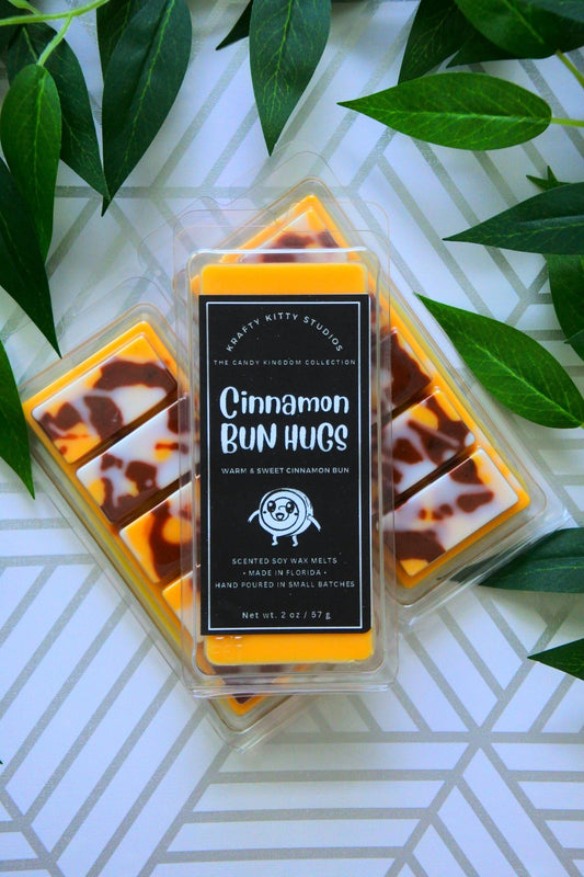 Cinnamon Bun Hugs | Warm Cinnamon + Sugar + Vanilla + Yeasty Bread + Cream | Natural Soy Wax Melt Snap Bar | Candy Kingdom Collection