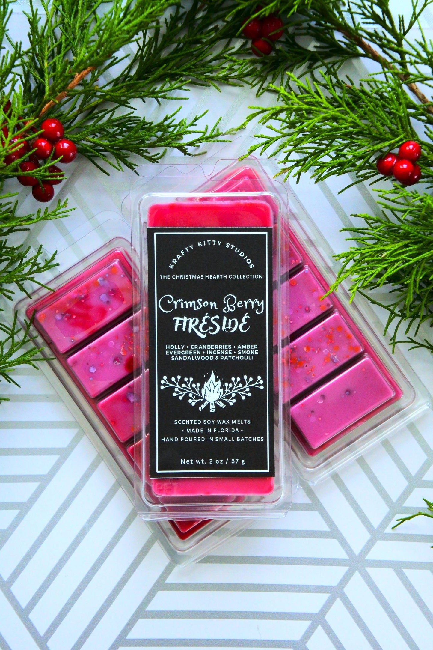 Crimson Berry Fireside | Holly, Cranberry, Amber, Evergreen, Smoke, Sandalwood, Patchouli | Natural Soy Wax Melt Snap Bar | Christmas Hearth