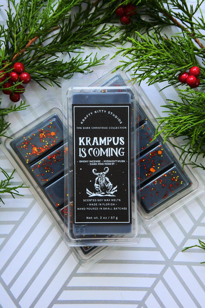 Krampus is Coming | Smoky Incense + Midnight Musk + Dark Pine Forest | Natural Soy Wax Melt Snap Bar | Dark Christmas Collection