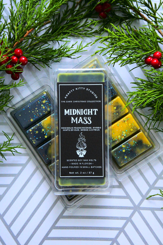 Midnight Mass | Resinous Frankincense + Myrrh + Hints of Oud, Smoke & Citrus | Natural Soy Wax Melt Snap Bar | Dark Christmas Collection