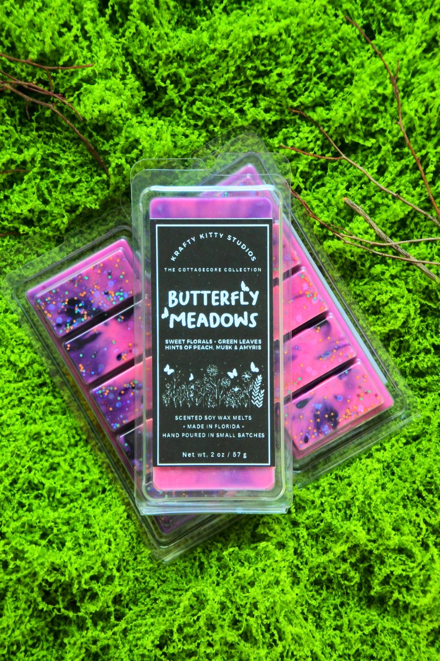 Butterfly Meadows | Sweet Florals + Green Leaves + Hints of Peach, Musk & Amyris | Natural Soy Wax Melt Snap Bar | Cottagecore Collection