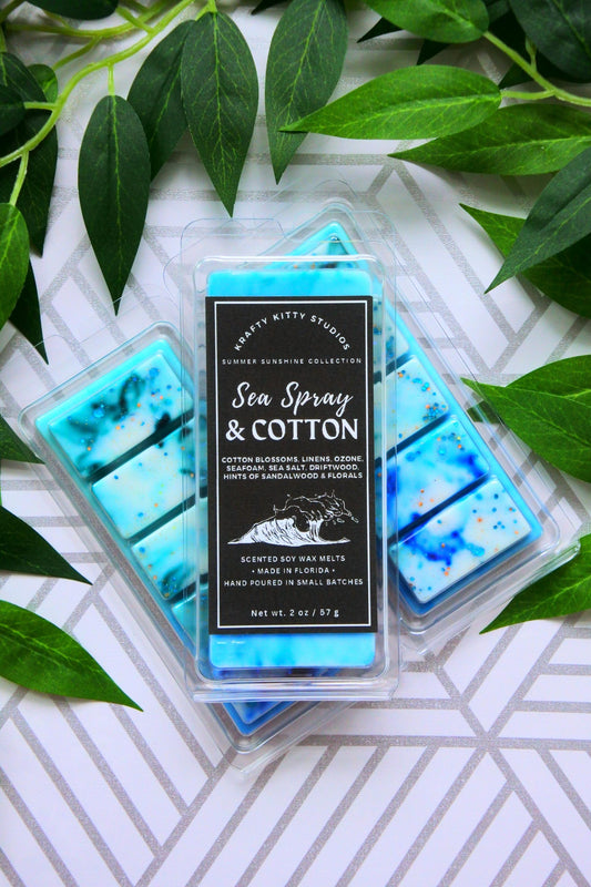 Sea Spray & Cotton | Cotton Blossom, Linen, Ozone, Seafoam, Salt, Driftwood, Sandalwood, Florals | Soy Wax Melt Snap Bar | Summer Sunshine