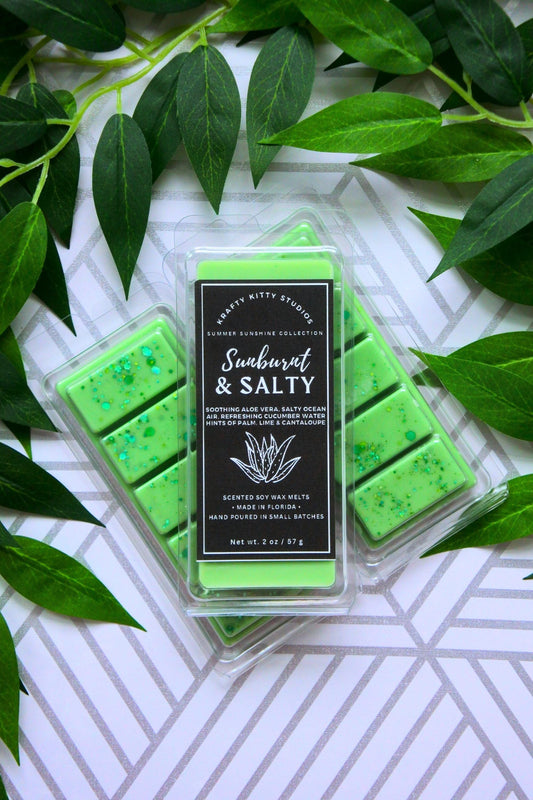 Sunburnt & Salty | Aloe Vera, Ocean Air, Cucumber Water, Hints Of Palm, Lime, Cantaloupe | Natural Soy Wax Melt Snap Bar | Summer Sunshine