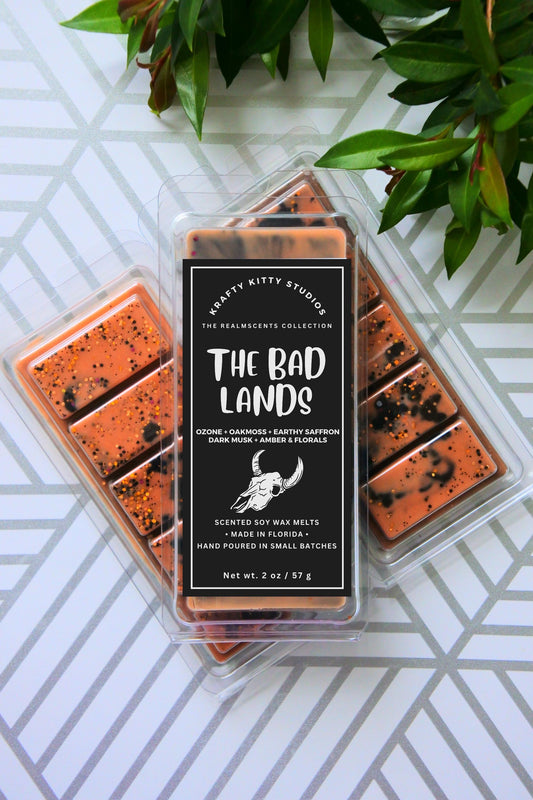 The Bad Lands | Ozone + Oakmoss + Earthy Saffron + Dark Musk + Amber & Florals | Natural Soy Wax Melt Snap Bar | Realmscents Collection
