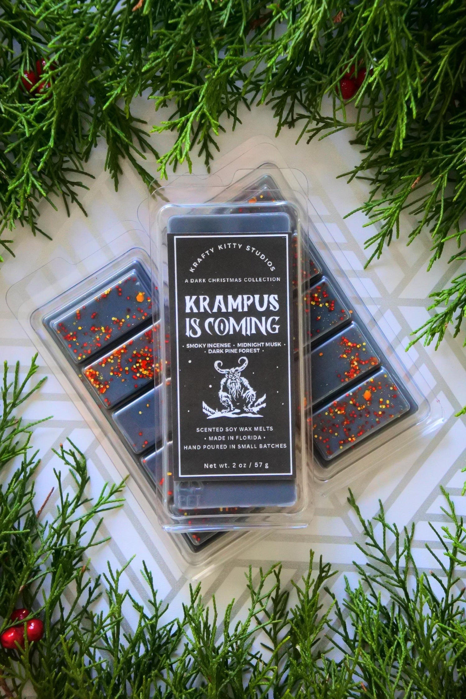 Krampus is Coming: Dark Pine Forest, Smoky Incense, Midnight Musk | Soy Wax Melt Snap Bar | Dark Christmas