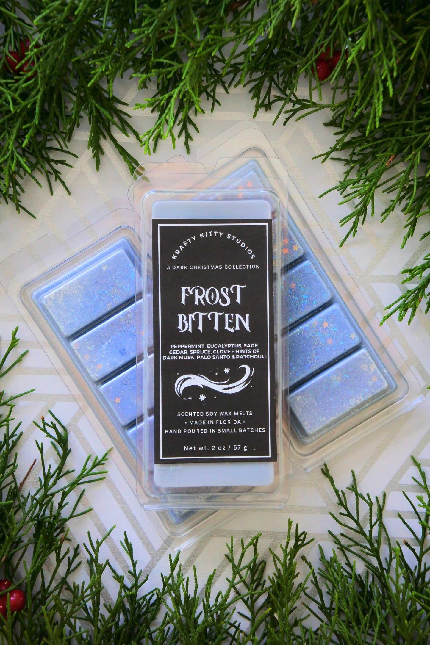 Frostbitten: Peppermint, Eucalyptus, Sage, Cedar, Spruce, Clove, Dark Musk, Palo Santo & Patchouli | Soy Wax Melt Snap Bar | Dark Christmas