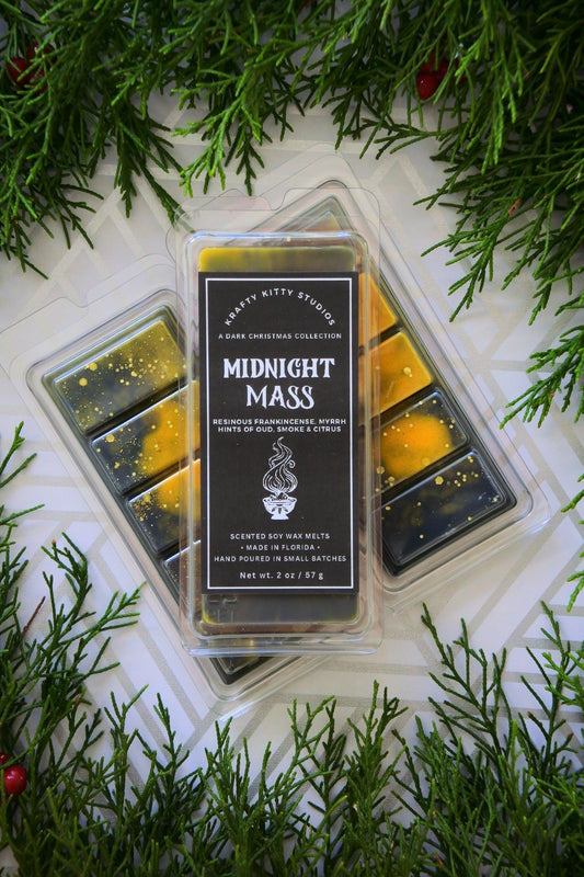 Midnight Mass: Resinous Frankincense, Myrrh, Hints of Oud, Smoke & Citrus | Soy Wax Melt Snap Bar | Dark Christmas