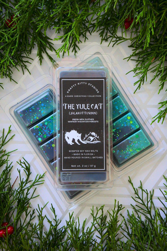 The Yule Cat - Jólakötturinn: Fresh New Clothes + Wintery Mountain Forests | Soy Wax Melt Snap Bar | Dark Christmas
