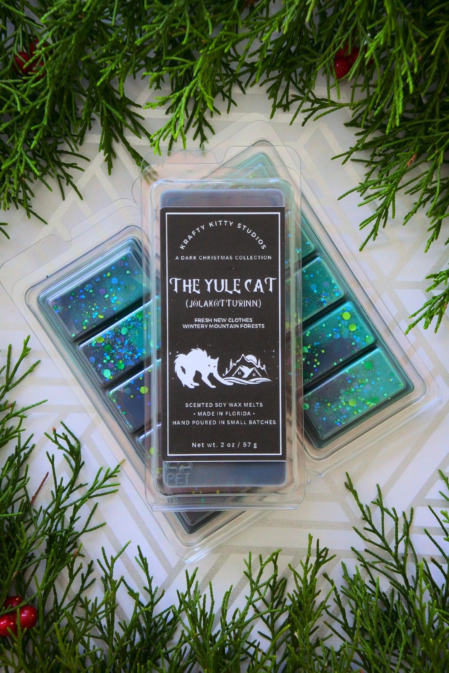 The Yule Cat - Jólakötturinn: Fresh New Clothes + Wintery Mountain Forests | Soy Wax Melt Snap Bar | Dark Christmas