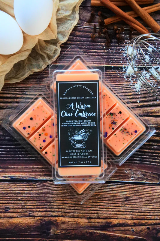 A Warm Chai Embrace: Black Tea, Rich Cream, Fresh Pumpkins, Warm Spices, Hints of Vanilla & Orange Peel | Soy Wax Melt Snap Bar