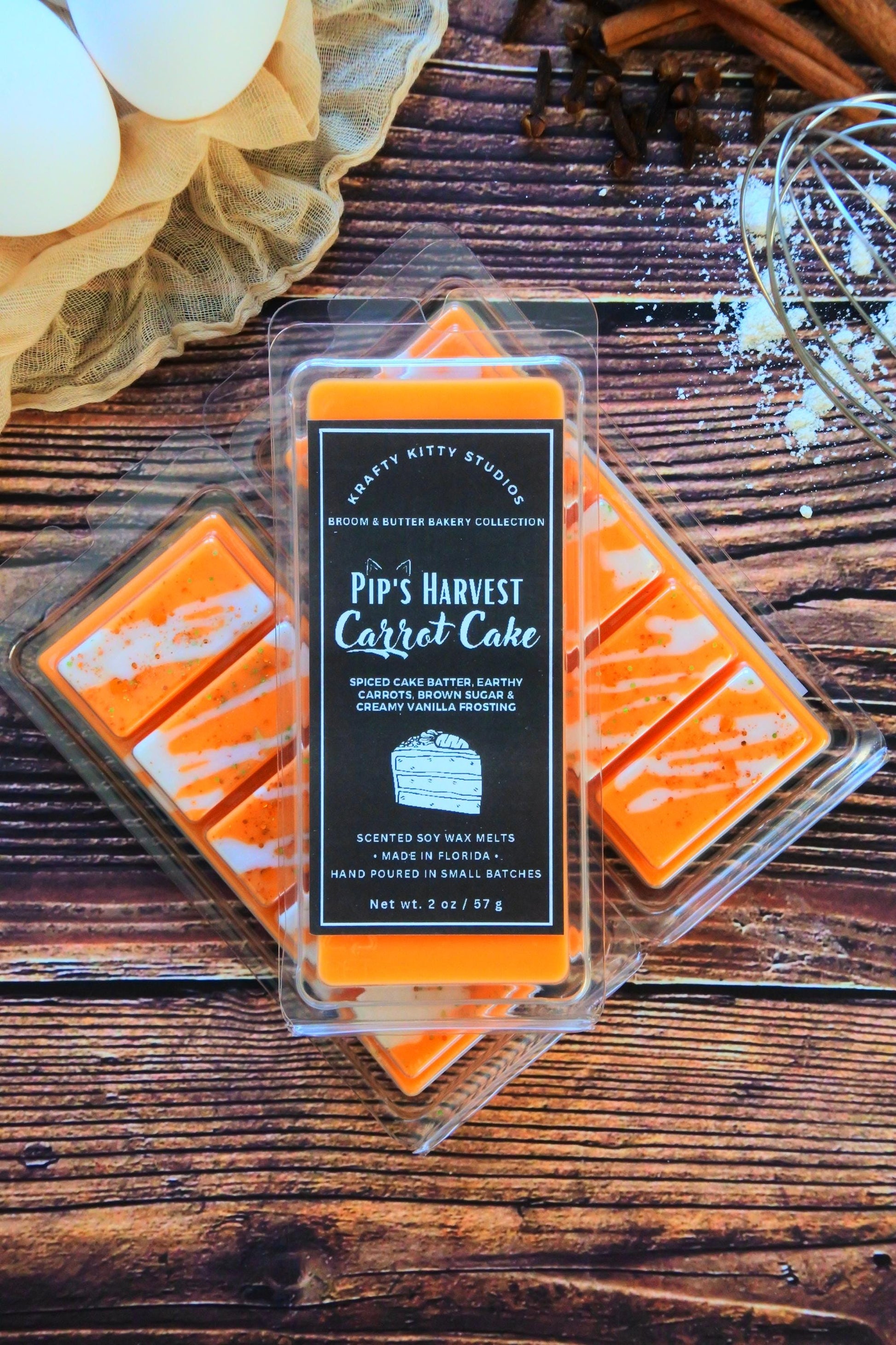 Pip’s Harvest Carrot Cake: Spiced Cake Batter, Earthy Carrots, Brown Sugar & Creamy Vanilla Frosting | Soy Wax Melt Snap Bar