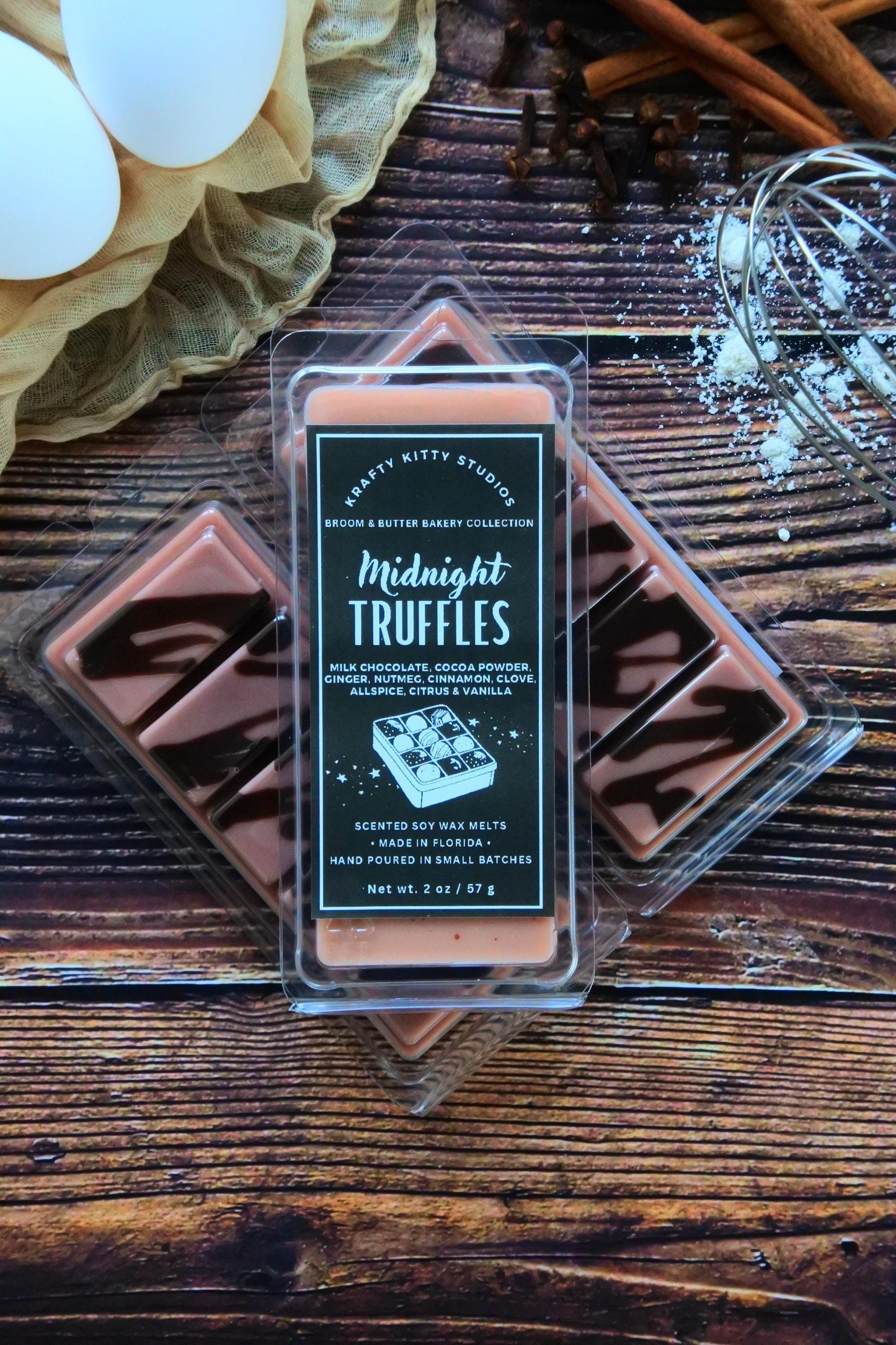 Midnight Truffles: Milk Chocolate, Cocoa Powder, Ginger, Nutmeg, Cinnamon, Clove, Allspice, Citrus & Vanilla | Soy Wax Melt Snap Bar