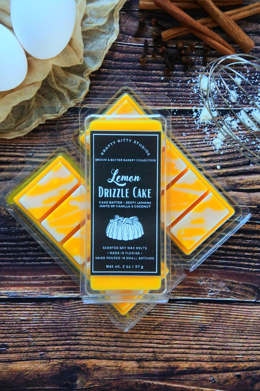 Lemon Drizzle Cakes: Cake Batter, Zesty Lemons, Hints of Vanilla & Coconut | Soy Wax Melt Snap Bar