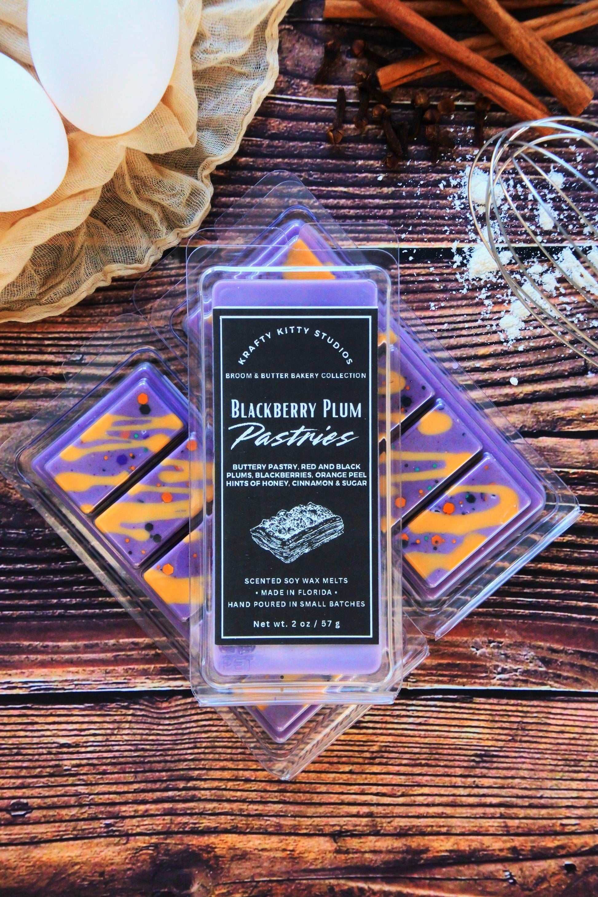 Blackberry Plum Pastries: Buttery Pastry, Plums, Blackberries, Orange Peel, Hints of Honey, Cinnamon & Sugar | Soy Wax Melt Snap Bar