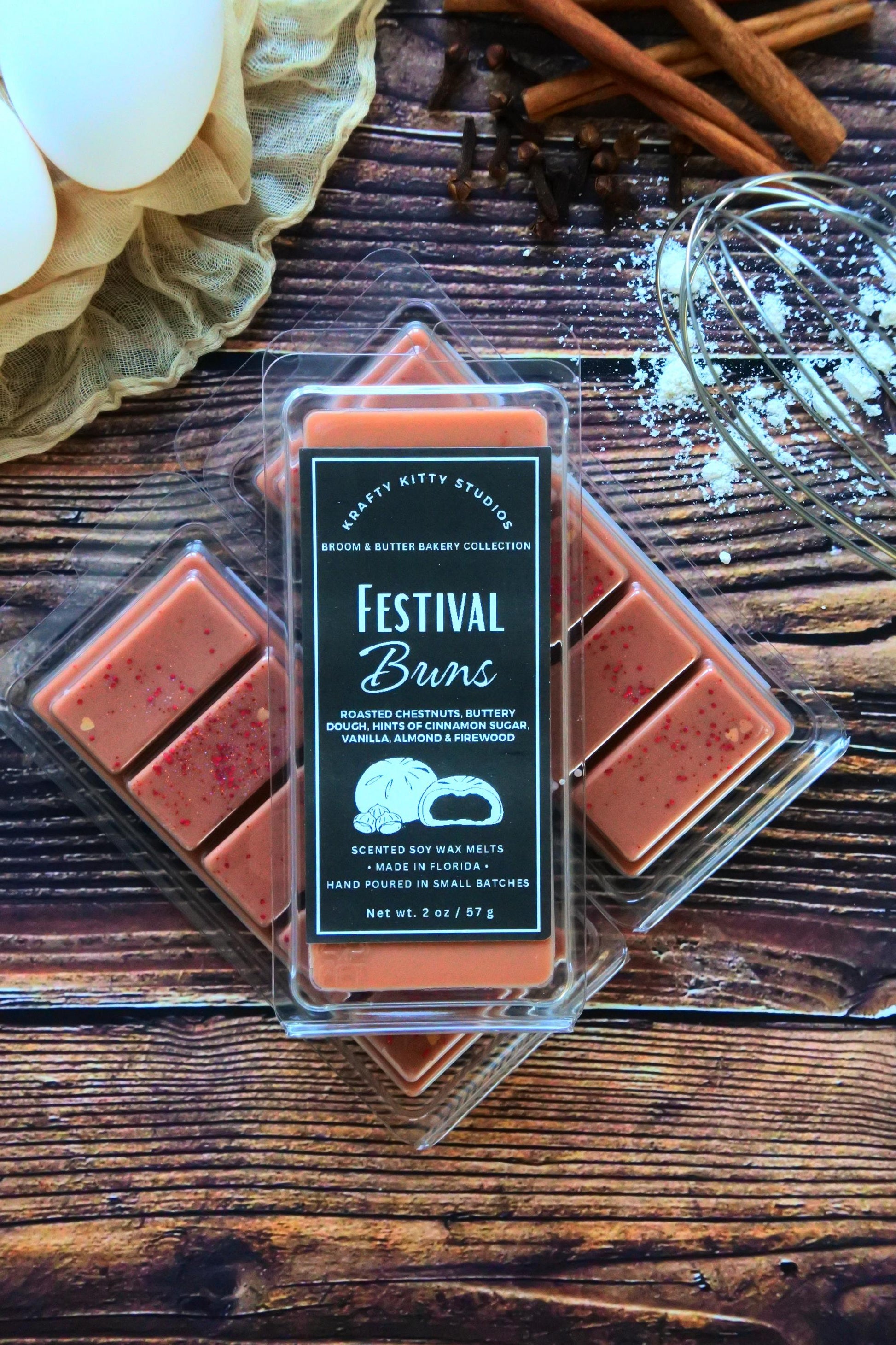 Festival Buns: Roasted Chestnuts, Buttery Dough, Hints of Cinnamon Sugar, Vanilla, Almond & Firewood | Soy Wax Melt Snap Bar
