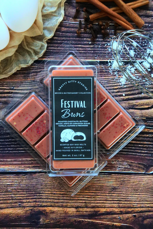 Festival Buns: Roasted Chestnuts, Buttery Dough, Hints of Cinnamon Sugar, Vanilla, Almond & Firewood | Soy Wax Melt Snap Bar