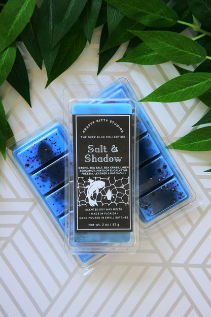 Salt & Shadow: Ozone, Sea Salt, Sea Grass, Linen, Bergamot, Hints of Eucalyptus,Freesia, Leather, Patchouli | Soy Wax Melt Snap Bar