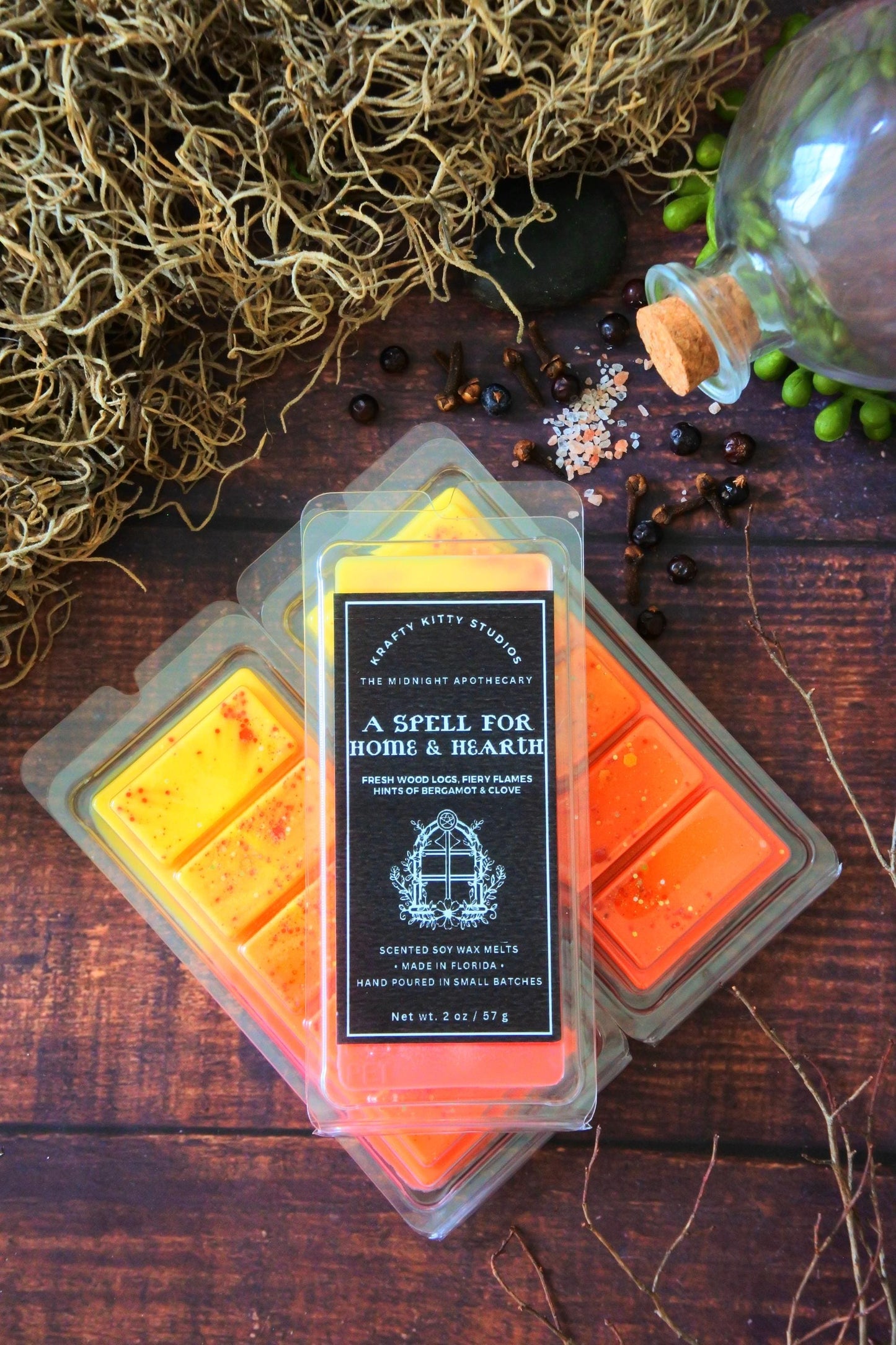 A Spell of Home and Hearth: Fresh Wood Logs, Fiery Flames, Hints of Bergamot & Clove | Soy Wax Melt Snap Bar | Midnight Apothecary