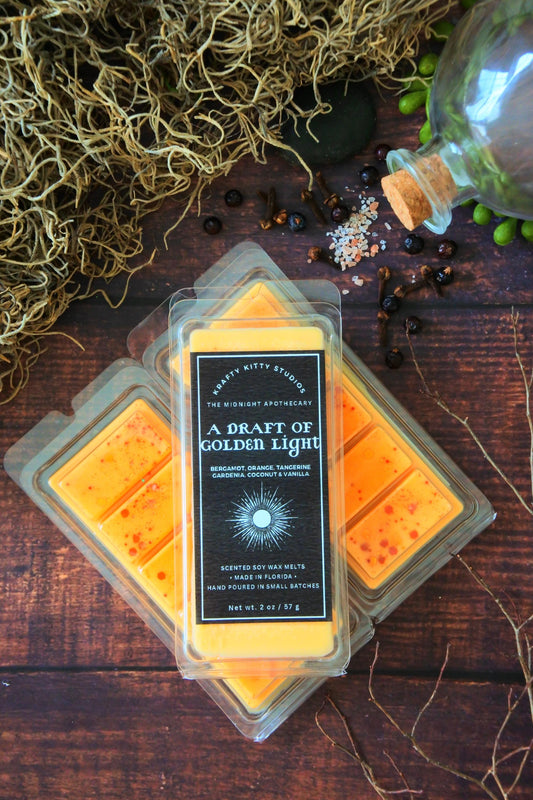 A Draft of Golden Light: Bergamot, Orange, Tangerine, Gardenia, Coconut & Vanilla | Soy Wax Melt Snap Bar | Midnight Apothecary