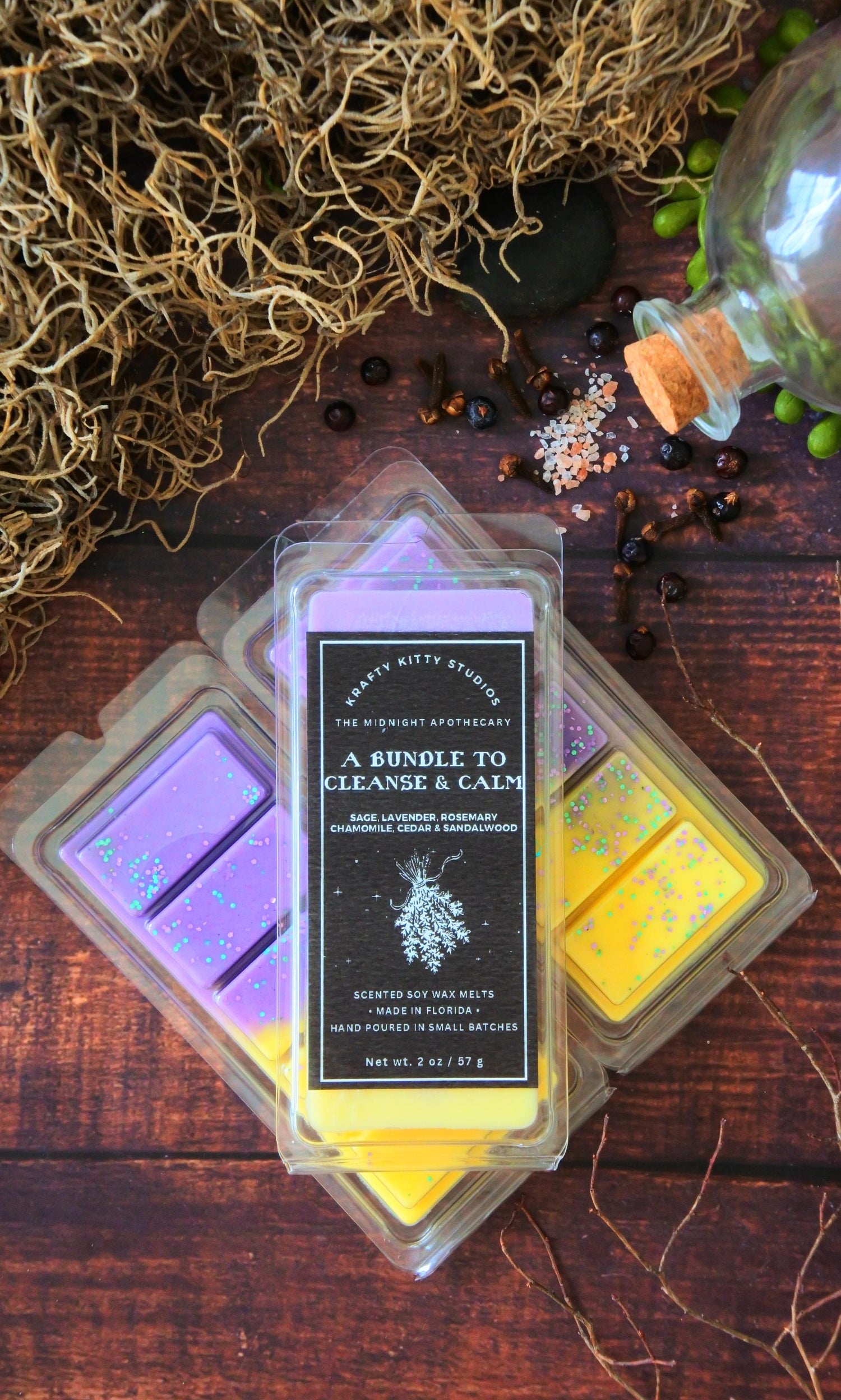 A Bundle to Cleanse and Calm: Sage, Lavender, Rosemary, Chamomile, Cedar & Sandalwood | Soy Wax Melt Snap Bar | Midnight Apothecary
