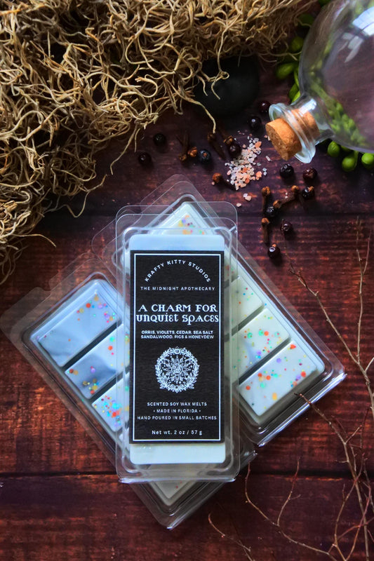 A Charm for Unquiet Spaces: Orris, Violets, Cedar, Sea Salt Sandalwood, Figs & Honeydew | Soy Wax Melt Snap Bar | Midnight Apothecary