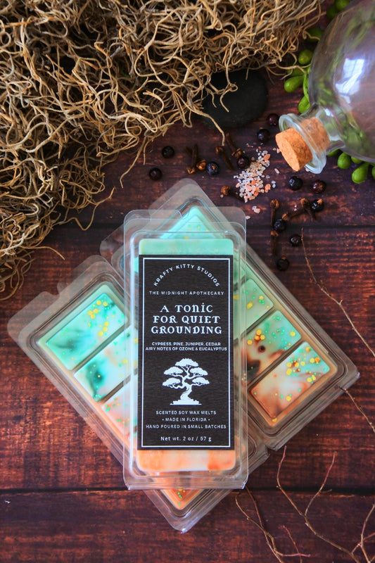 A Tonic for Quiet Grounding: Cypress, Pine, Juniper, Cedar, Airy notes of Ozone & Eucalyptus | Soy Wax Melt Snap Bar | Midnight Apothecary